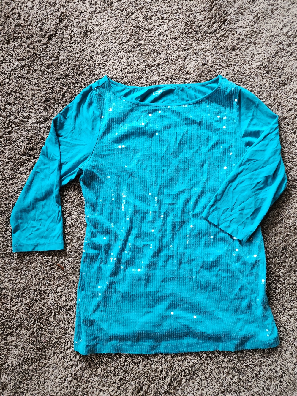 LOFT Teal Sequin Boatneck Long Sleeve Top